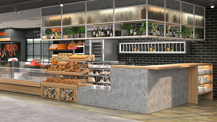cafe with a concrete counter and design